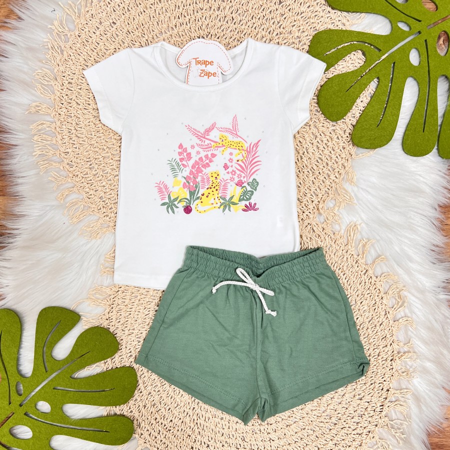 Conj. Blusa Onças e Short em Moletinho - Off White e Verde